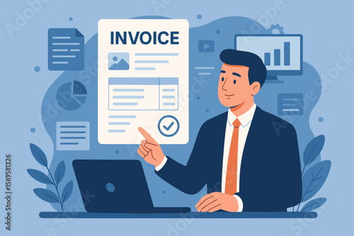 E-invoice and digital statement concept. Businessman working with electronic tax invoice on virtual screen. Online billing, accounting, and financial management system.