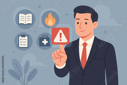 Emergency preparedness plan concept. Businessman planning for disaster recovery and business continuity. Risk management with alert, fire, first aid, and checklist icons. Vector.