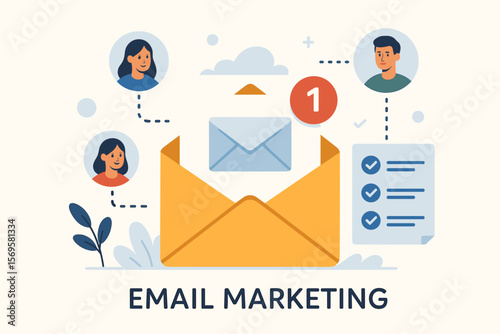 Email marketing concept with new message notification alert. Sending a newsletter campaign to a targeted customer list. Direct digital business communication and promotion vector.
