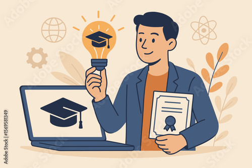 E-learning and online education concept. Student holding certificate and lightbulb with graduation cap. Distance learning, internet course, university degree, webinar, knowledge.