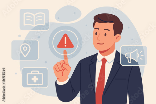Businessman managing emergency preparedness plan on a virtual interface. Business continuity, disaster recovery, and risk management concept with alert and safety icons. Vector.