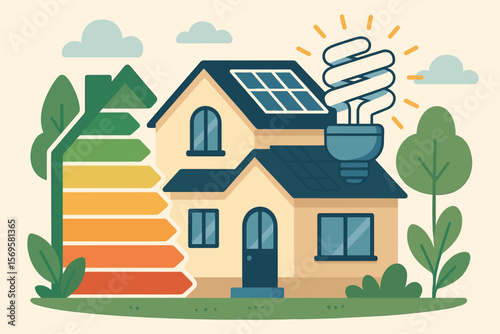 House energy efficiency rating. Green home with solar panels and eco light bulb. Building performance certificate concept. Sustainable power saving vector cartoon illustration.