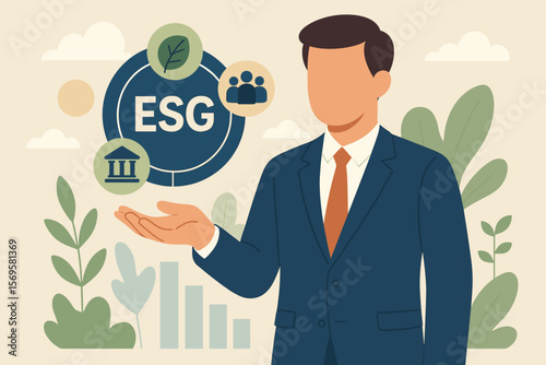 ESG concept for Environmental, Social, Corporate Governance. Businessman holding sustainable business icons. Ethical investment, ecology and responsibility strategy vector.