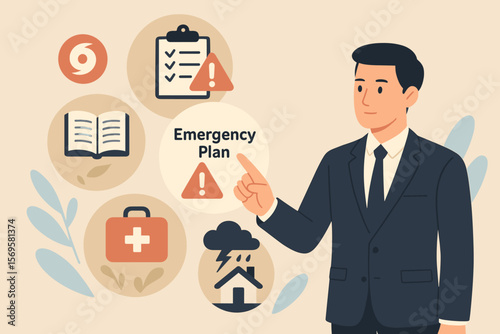 Emergency preparedness plan concept. Businessman managing risk and safety procedures for disaster response. Business continuity, warning alert and first aid checklist vector.
