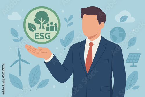 ESG concept for sustainable business. Environmental, Social, and Governance principles. Businessman holding green icon for corporate responsibility, ethics, and investment vector.