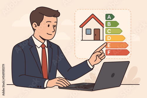 Energy efficiency rating concept. Businessman with laptop analyzing house performance certificate. Home audit with energy consumption chart for sustainable, eco friendly building.