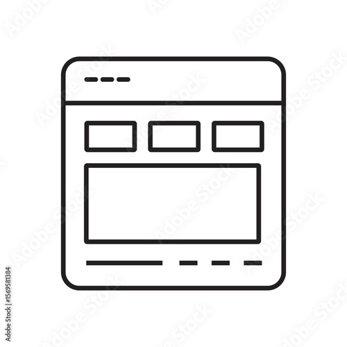 Outline icon of web browser with layout blocks. Suitable for web design, interface layout, or homepage structure. Editable stroke, linear style.