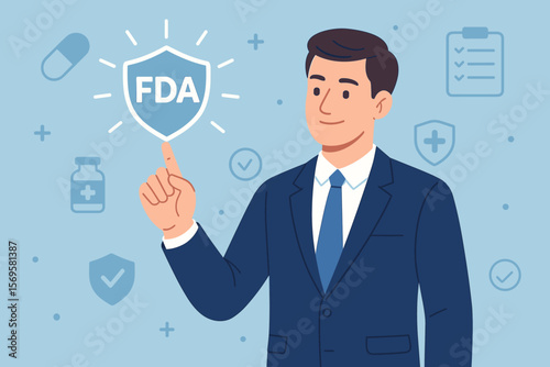 FDA approved. Food and Drug Administration concept. Businessman holds FDA shield symbol for health product standards control. Safety regulation, quality assurance vector.