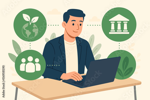 ESG concept with businessman at laptop. Environmental, Social, and Governance principles for sustainable business. Corporate responsibility and ethical investment strategy vector.