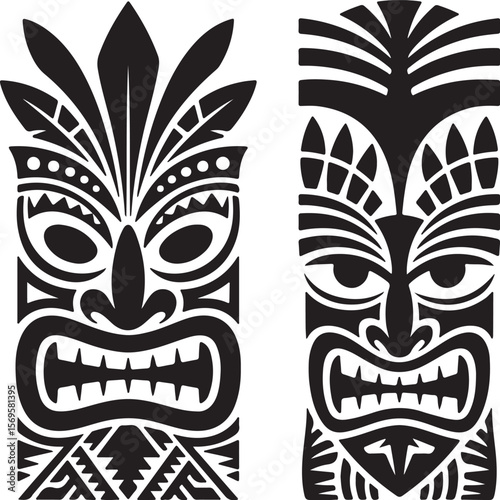 Two Black and White Tiki Mask Silhouettes Polynesian Tribal Art Geometric Patterns Ancient Idol Faces South Seas Culture Graphic Design Elements