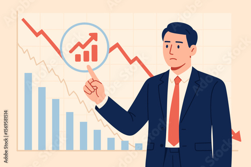 Inflation concept. Financial crisis, stock market crash, recession. Worried businessman analyzing chart showing rising inflation rate and economic decline. Investor analysis.