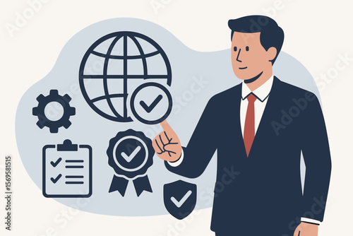 ISO 9001 standard certification concept. Businessman chooses quality management system (QMS) icons for international standardisation, control, audit, and business compliance.
