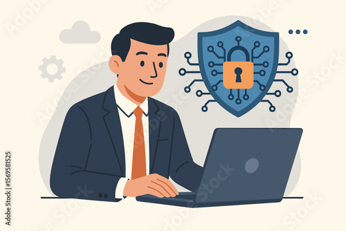 Cyber insurance concept with businessman using laptop. Cybersecurity and data protection for organization. Network security with shield and padlock icon. Vector cartoon illustration.