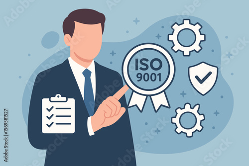 ISO 9001 standard for quality management systems. Businessman with certification badge. Concept of standardization, quality control, audit, compliance and corporate governance.