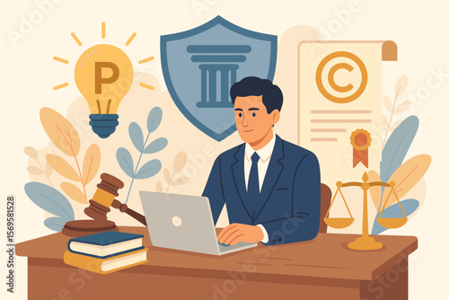 Intellectual property and copyright law concept. Lawyer at desk giving legal advice. Regulations, patent, license, and enforcement. Justice policy with gavel and scales. Vector.