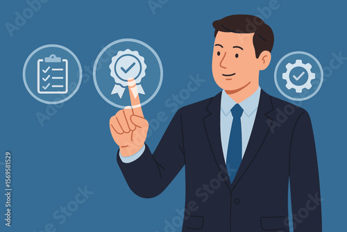 ISO 9001 certification concept. Quality management system. Businessman pointing at certified standard icon. QMS for business process improvement and quality control.