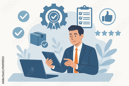 ISO certification and quality assurance concept. Businessman with computer and tablet for compliance. Standards, top service, product quality management, audit, guarantee.