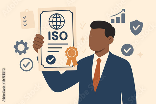 ISO standards quality control concept. Businessman holds certificate showing conformity. International certification and standardization process. Quality assurance and compliance.