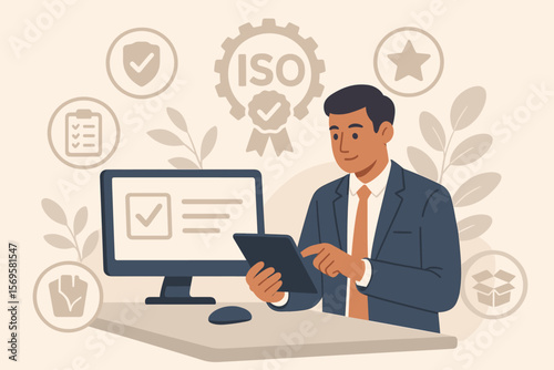 ISO certification and quality assurance concept. Businessman working with computer and tablet for compliance with international standards. Product quality management vector.