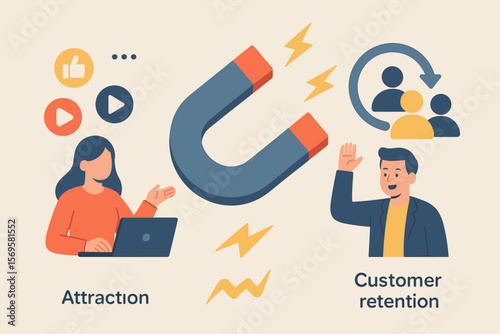 Inbound marketing strategy concept. Customer attraction and retention with magnet. Digital marketing for lead generation, social media engagement and client loyalty vector.