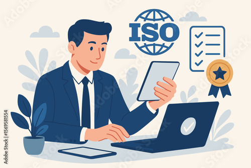 ISO certification and quality assurance concept. Businessman with computer symbolizes compliance with international standards. Top service for product quality management vector.