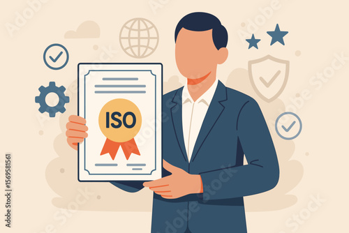 ISO standards quality control, certification, and standardization process. ISO certified business concept for conformity to international standards and quality assurance vector.