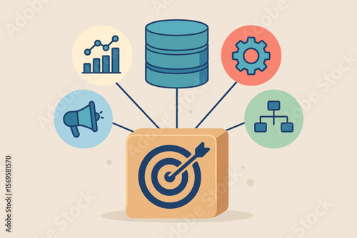 KPI business performance indicators data management system icon. Analytics, metrics, database connection, reporting, finance, operations, sales, marketing, process optimization