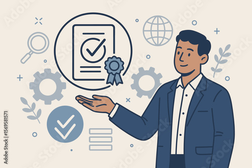 ISO standards quality control. Certification and standardization process. ISO certified business. Conformity to international standards and quality assurance. Man with certificate.