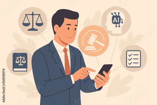 Businessman Using Smartphone for AI Law, Ethics, Compliance and Regulation, Legal Standards, Justice, Artificial Intelligence Policy, Digital Law, Corporate Governance Concept
