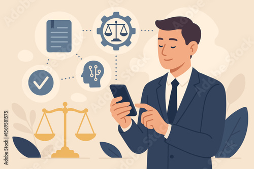 Businessman Using Smartphone for AI Ethics Law Compliance. Justice, Legal Regulations, Artificial Intelligence Policy, Technology Standards, Digital Law, Corporate Governance