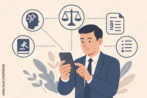 Businessman Using Smartphone for AI Law, Ethics, Legal Compliance, Regulation, Standards, Policy Management, Artificial Intelligence Code Development, Justice Concept Illustration