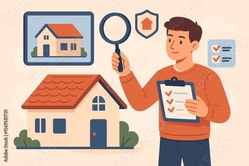 Real estate property analysis and checklist concept. Home inspection, mortgage loan, insurance, buying or selling house, investment, property management, realty business illustration