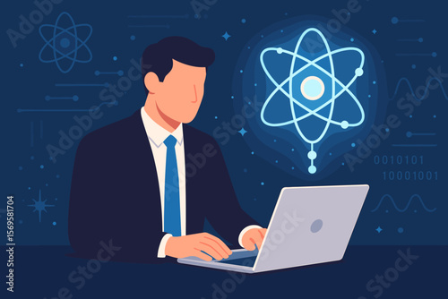 Quantum computing technology concept. Businessman using laptop with glowing atom symbol. Quantum mechanics, artificial intelligence, supercomputing, futuristic innovation.