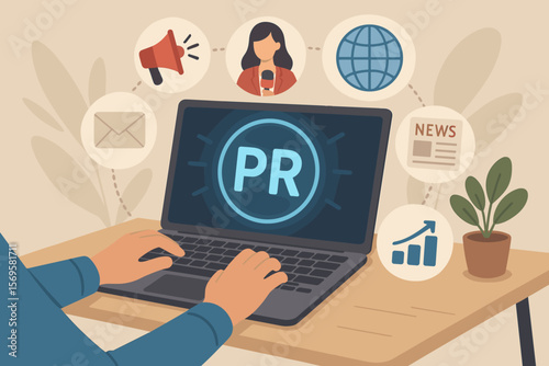 Public relations PR strategy concept. Media relations, marketing, publicity, communication channels. Person using laptop, PR icons, news, email, internet, growth chart. Vector illustration.