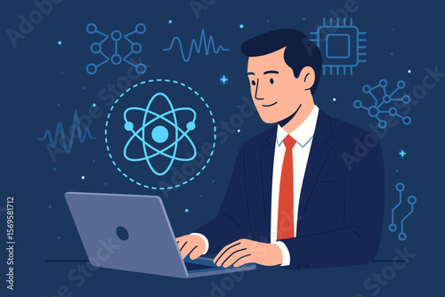 Quantum computing technology concept, businessman using laptop, artificial intelligence, advanced supercomputing, quantum mechanics, futuristic data science, digital innovation
