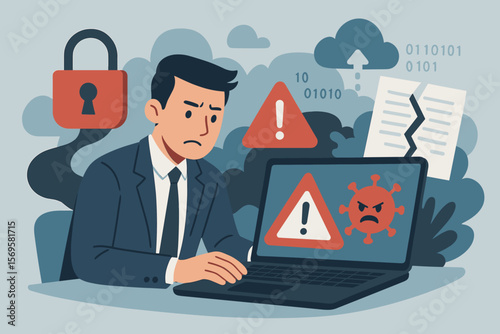 Ransomware malware attack data breach concept. Businessman at laptop with virus warning, spam alert, cybersecurity risk, lock icon, cloud hacking, document leak, internet security