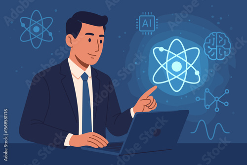 Businessman Using Laptop with Quantum Computing, Artificial Intelligence, Quantum Mechanics, Supercomputing, Futuristic Technology, Atom Icon, Data Science, Innovation Concept