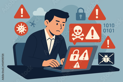 Cybersecurity threat alert concept. Businessman using laptop facing ransomware, malware attack, virus infection, phishing, data breach, warning notifications, internet security risk