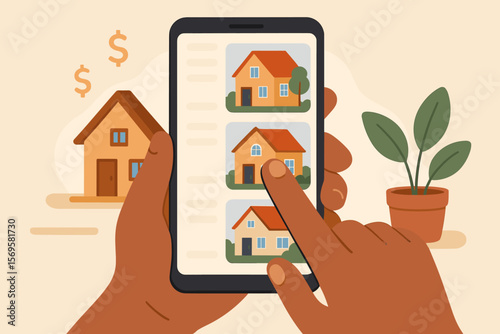 Real estate investment and property search concept. Person using smartphone app to buy or sell house online. Home listing, mobile realty marketplace, digital house hunting vector