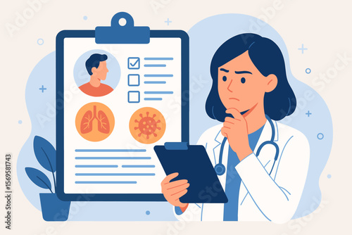 Doctor analyzing patient medical report, lungs, virus diagnosis, healthcare professional reviewing clinical data, treatment planning, medical checkup, flat vector illustration