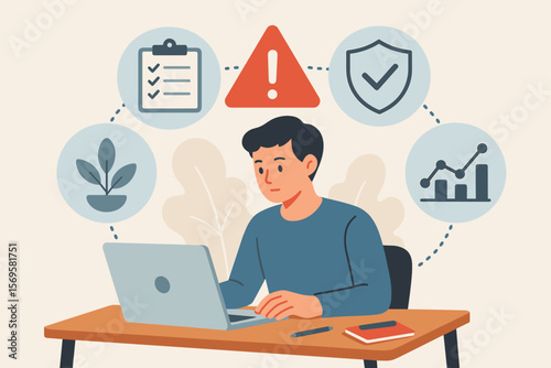 Risk management assessment concept. Businessman using laptop for risk analysis, planning, decision making, checklist, data analytics, security, warning, growth. Modern flat vector.