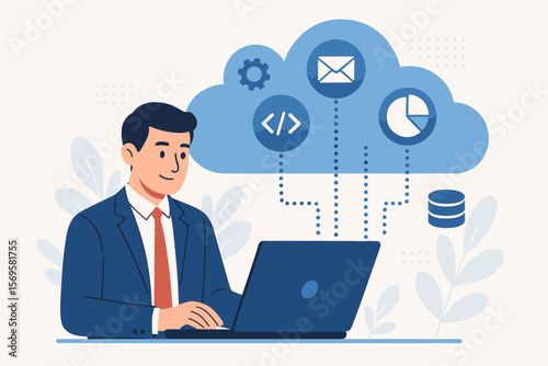 SaaS concept software as a service. Businessman using laptop with cloud computing icons for email, coding, analytics, database. Internet technology, digital workflow, networking
