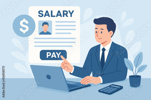 Payroll management system, online salary payment concept, employee wages processing. Businessman managing digital payroll, pay slip, HR finance, salary administration, office