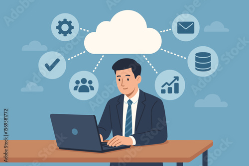 SaaS concept software as a service illustration. Businessman using laptop with cloud computing icons for data storage, analytics, teamwork, workflow, email, internet technology