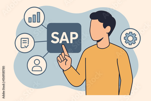 SAP software system business operations concept. Modern flat vector illustration of person touching SAP icon on virtual screen. ERP, data management, workflow, technology integration