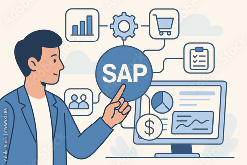 SAP ERP software integration concept. Business management system. Person interacting with SAP icon on virtual interface. Data analytics, finance, HR, workflow automation vector