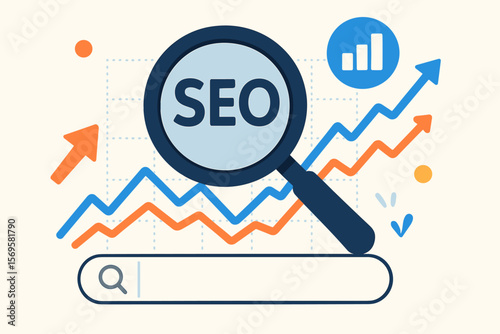SEO digital growth strategy concept with magnifying glass, search bar, analytics graph, upward arrows. Online marketing, search engine optimization, web traffic, ranking improvement