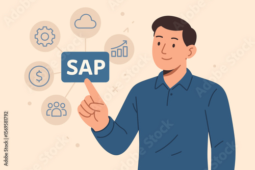 SAP systems applications products business software concept. Man touching SAP icon on virtual screen. ERP management, cloud computing, finance, HR, analytics vector illustration