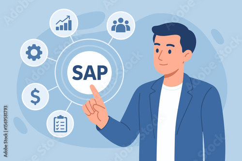 SAP software system business operations concept. Modern flat vector illustration of person interacting with SAP virtual interface for enterprise resource planning, management, automation