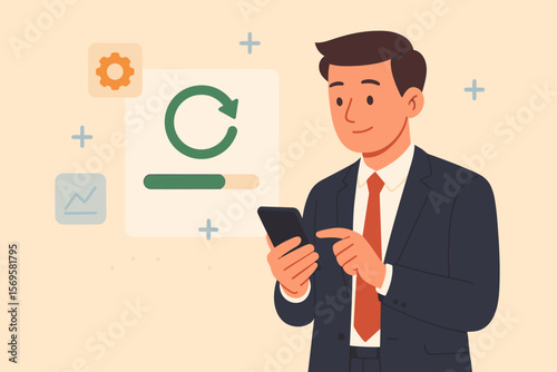 Businessman Using Smartphone for Software Update, Operating System Upgrade, Device Maintenance, Enhanced Functionality, Technology Progress, Digital Transformation Concept